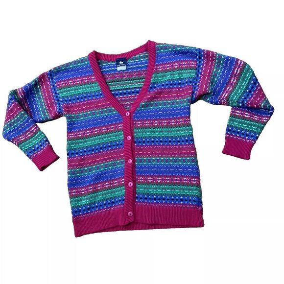 SILVER UNICORN Knit Rainbow Cardigan M Bright Colorful Button Sweater Fair Isle - Picture 1 of 16
